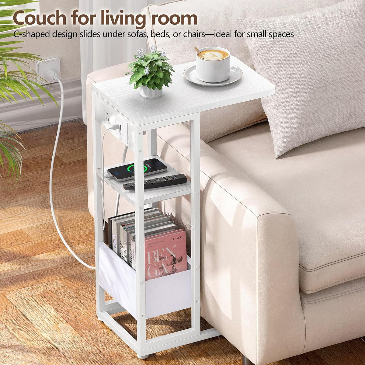 C Shaped End Table with Charging Station, Small Side Table for Couch Recliner, Slide Under Sofa Desk Snack Tables with Storage Bag & AC / USB Outlet, Small Spaces Drink Tables for Living Room, Bedroom - Image 4