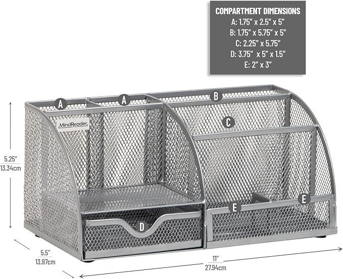 Mind Reader 7-Compartment Desktop Organizer, Metal Mesh Desk Organizer for Pens, Sticky Notes, Mail and Office Supplies, Silver - Image 3