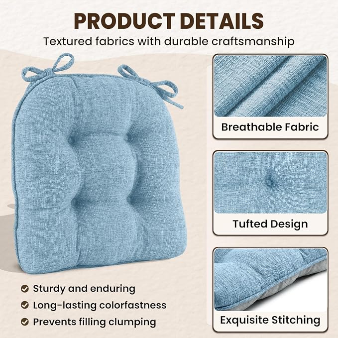 downluxe Indoor Chair Cushions for Dining Chairs, Tufted Overstuffed Textured Kitchen Chair Pads with Ties and Non-Slip Backing, 15.5" x 15.5" x 4", Light Blue, 6 Pack - Image 5