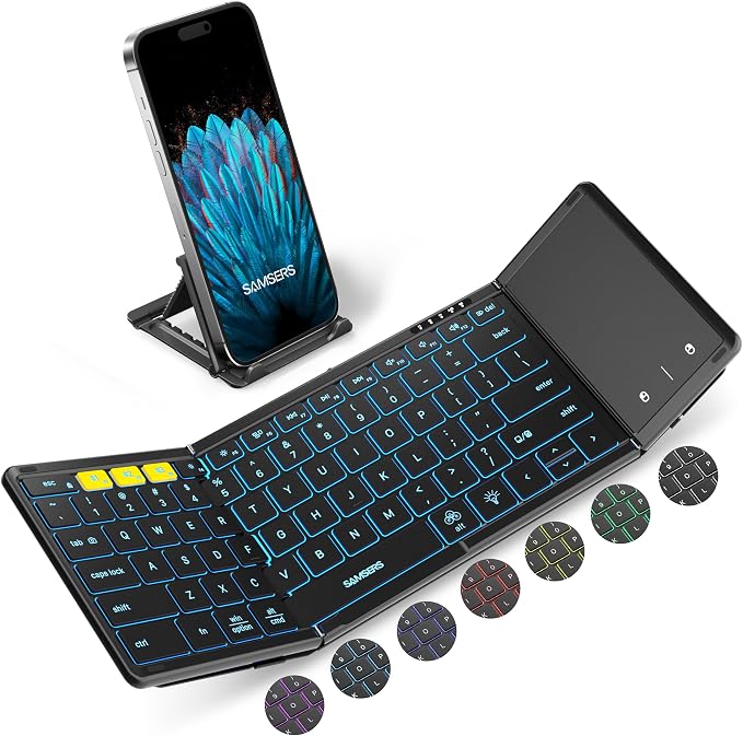 Samsers Full-Size Backlit Foldable Bluetooth Keyboard with Touchpad, Black | 7-color illuminated, BT5.1 x 3, Multi-touch Trackpad, PU Leather Cover, Phone Holder, Mouse click, Velvet bag, Mobile Work by HOME