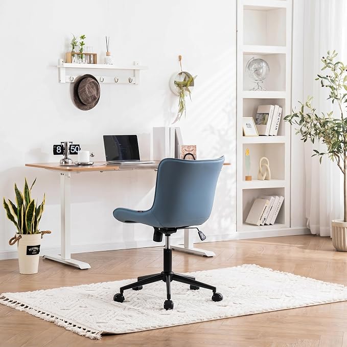YOUNIKE Office Desk Chair with Wheels Armless Vanity Chair Modern Blue | Faux Leather Upholstered with Rocking Back, Swivel Height Adjustable Small Cute Computer Rolling Task Chair Ergonomic 300lb - Image 8