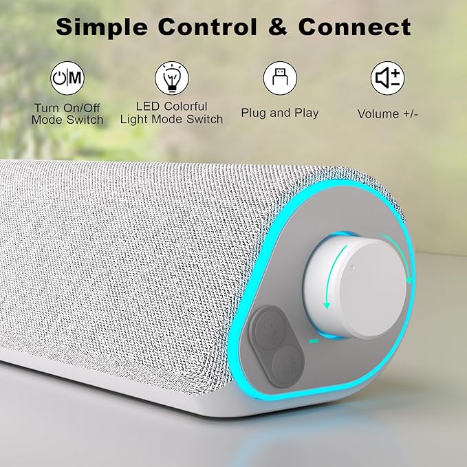 SOULION Bluetooth Computer Speakers PC Sound Bar for Desktop Monitor White | USB Powered & 3.5mm, Colorful LED Lights, Switch Button Clear & Rich Sound, Breathable Cloth,Surround Soundbar - Image 3