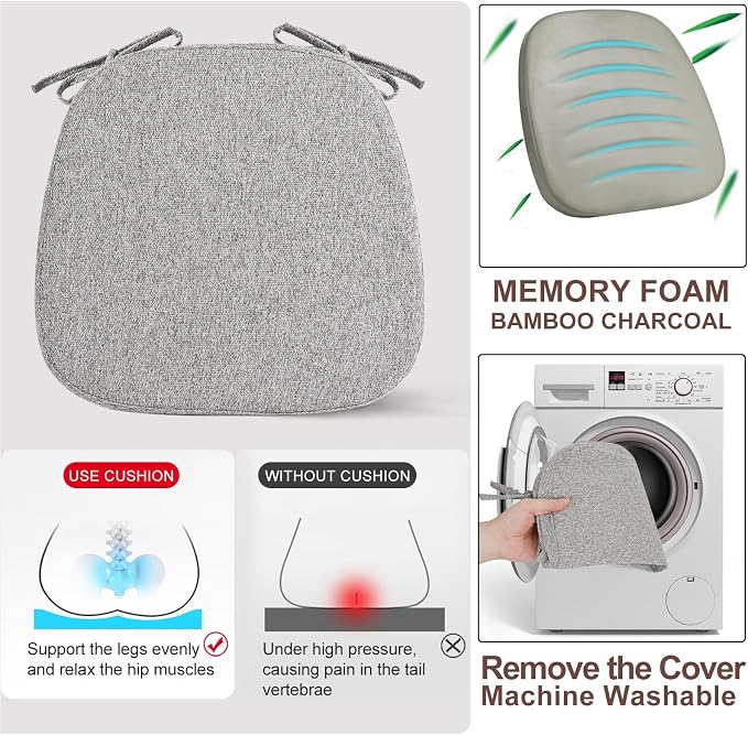 SINOSSO 6 Pack Memory Foam Chair Cushions for Dining Chairs, Friendly Woven Fabric 16" U-Shape Comfortable Kitchen Chair Pads, Removable Slip Resistant Seat Cushions (Set of 6, Light Grey) - Image 5