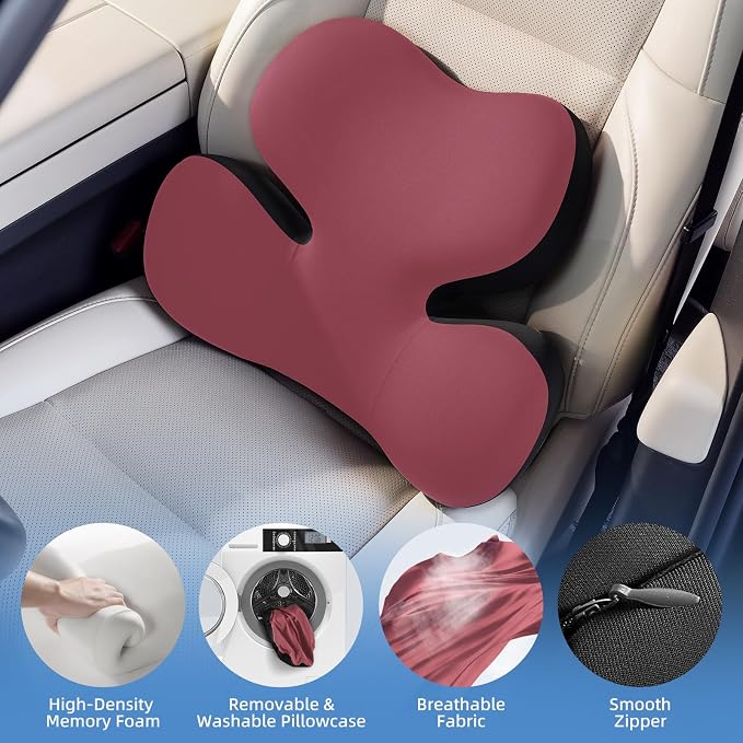 BEBAS Ergonomic Memory Foam Lumbar Support Pillow for Car, Red | Zoned Pressure Relief for Back Support, Lumbar Cushion with Fixed Ring, Breathable Washable Cover, Fits for Driving & Office - Image 4