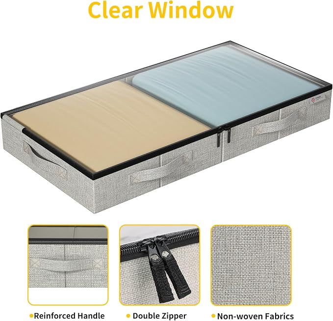 4.5 Inches Under Bed Storage Containers with Sturdy Sidewalls/Bottom and Reinforced Handles，Low Profile Underbed Storage for Clothes,Shoes,Pillows and Blankets with Zips and Clear Windows,4 Pack - Image 4