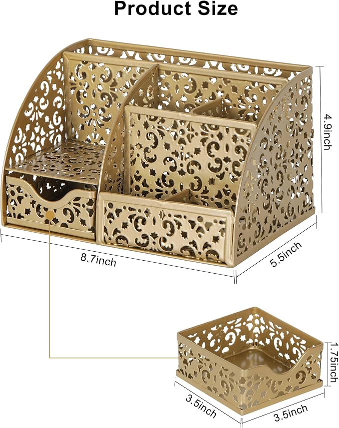 EasyPAG Desk Organizer and Pen Holder for Desk, Mesh Office Supplies Storage Caddy with Drawer for Small Space, Desktop Organizer for Home Office, Gold - Image 7