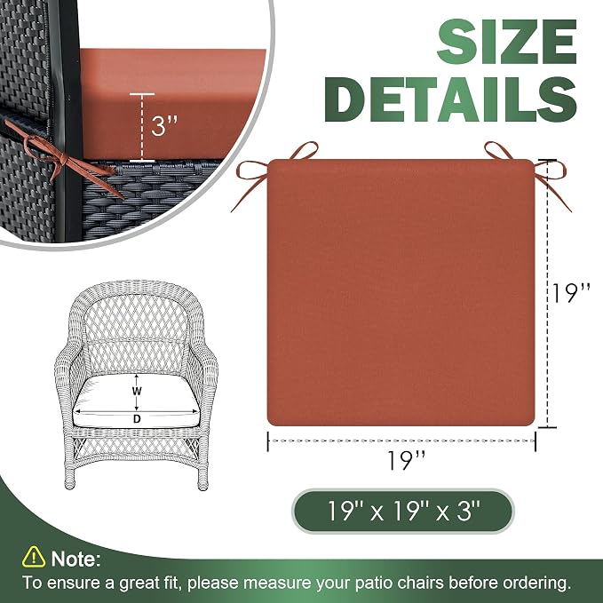 Outdoor Chair Cushions Set of 2, 19x19x3 Inch Waterproof & Fade Resistant Patio Furniture Seat Cushions with Ties, Square Outdoor Dining Chair Cushions for Lawn, Garden, Deck & Yard, Spice - Image 2