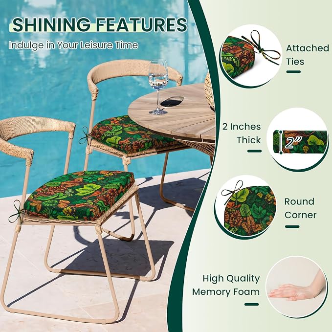 HARBOREST Outdoor Chair Cushions Set of 4, Water Resistant Patio Chair Cushions with Ties, Outdoor Seat Cushions for Patio Furniture, 17"x16"x2", Colored Leaf - Image 3