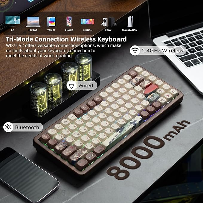 Womier 75% Wireless Creamy Keyboard with Wood Shell, QMK/VIA WD75 V2 | Retro Mechanical Gaming Keyboard 8000mAh Battery,Tri-Mode Custom Keyboard RGB Hot Swappable,MOA Japanese Keycap-Linear Switch - Image 4