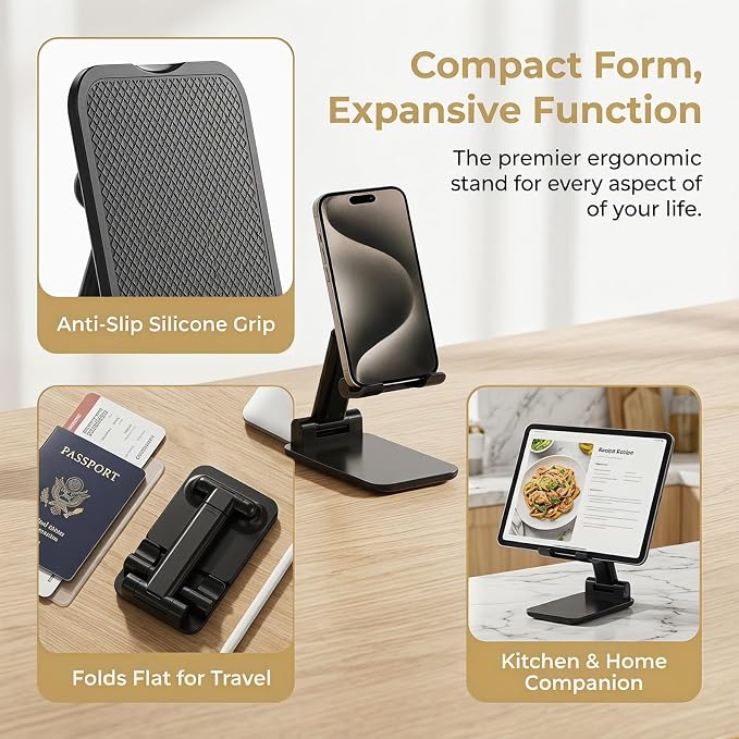 Phone Stand for Desk Cell Phone Holder Stands for iPhones, Black | Mini, Cute, Portable, Fully Foldable, Under 8" Devices, All Smart phones, Office Accessories - Image 3