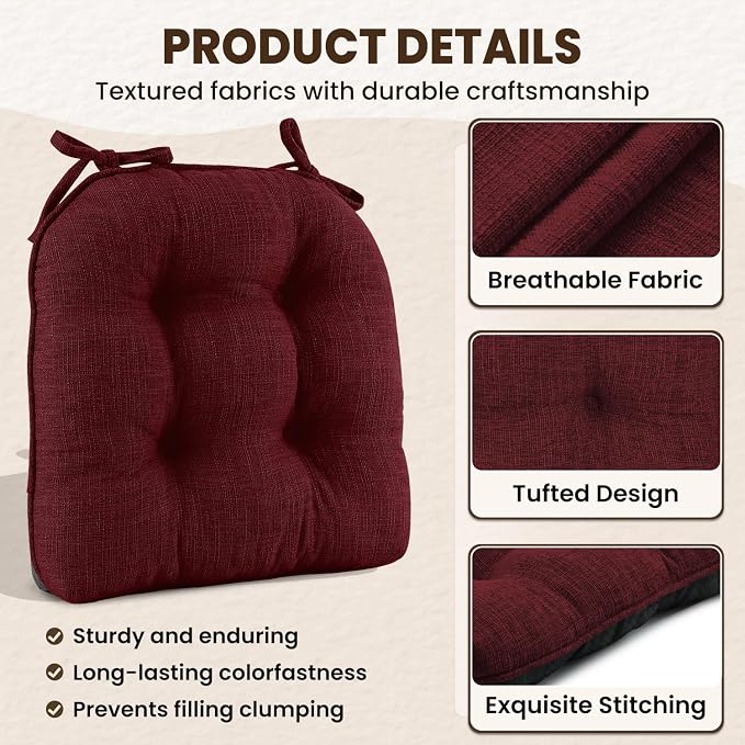 downluxe Indoor Chair Cushions for Dining Chairs, Tufted Overstuffed Textured Kitchen Chair Pads with Ties and Non-Slip Backing, 15.5" x 15.5" x 4", Burgundy, 4 Pack - Image 5