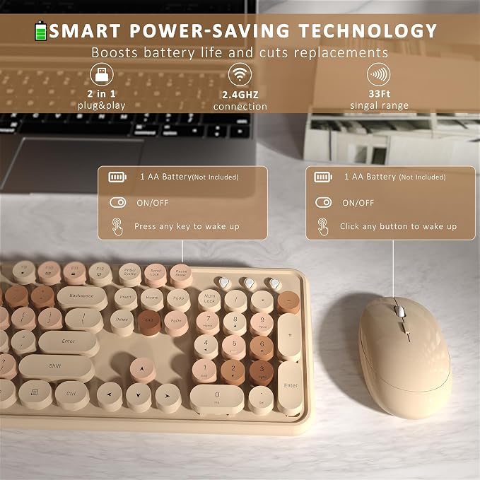 Links9+ Colorful Wireless Keyboard and Mouse Combo (Milky Tea Colorful) | Full-Size Retro Typewriter Style Keyboard with Vintage Round Keycaps, 2.4G Wireless Set for Windows, Mac, Laptop, PC, Desktop - Image 5