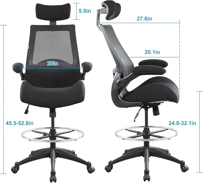 BOLISS Drafting Tall Office Chair 400lbs High Back Standing Desk Chair | Comfortable Wide Chair with Flip up Armrests, Adjustable Headrest,Molded Foam Seat, Lumbar Cushion, Adjustable Big FootRing - Image 3
