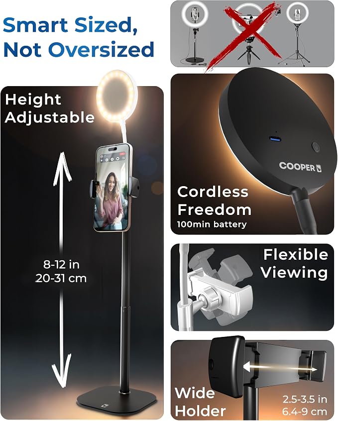 COOPER ChatStand Halo Sturdy Phone Stand for Recording with Light for Desk | 9-13" Adjustable, Weighted Base, iPhone Stand & Phone Holder, Ring Light Tripod for Video Recording, Filming, Fits all Phones - Image 4