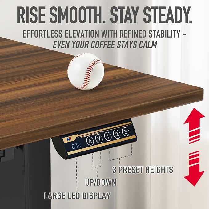 SHW 55 x 28 Electric Height Adjustable Standing Desk w/Drawer, Walnut | w/ Memory Presets and Cable Management | Drawer with adjustable compartments | Hanging Hooks - Image 7