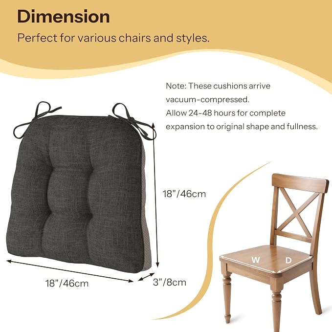 Chair Cushions for Dining Chairs Set of 2, 18"x18"x3", Dark Grey | Non-Slip with Ties, Tufted, Faux Linen, Seat Cushions for Dining Room Kitchen Breakfast Nook Indoor Home Office Living Room - Image 2