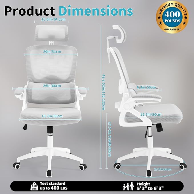 Ergonomic Office Chair,Mesh Office Chair with Lumbar Support,High Back Desk Chair with Flip-up Arms,400 lbs Big and Tall Computer Chair with Headrest,Comfy Desk Chairs (Light Grey) - Image 2