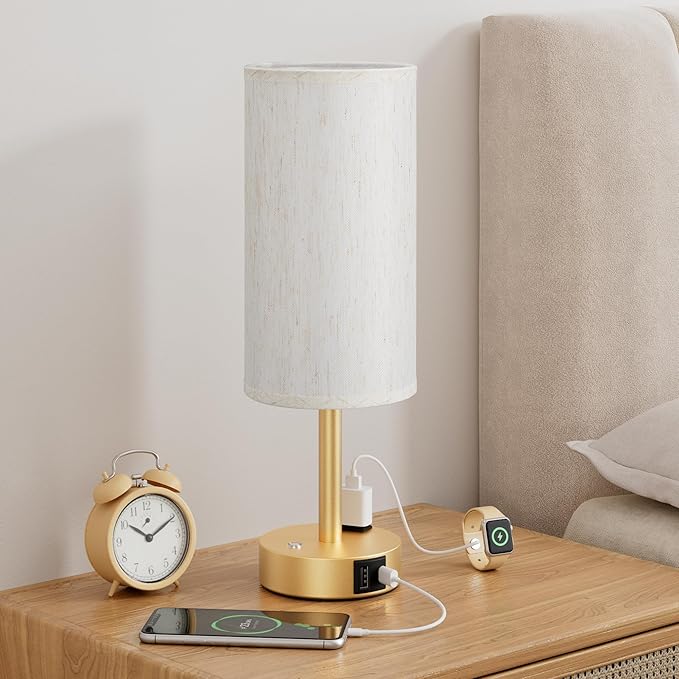 Gold Touch Bedside Lamp for Bedroom, Stepless Dimmable, USB A+C, AC Outlet | Base Touch Button Only, Memory Brightness, Ultra-dim Night Light, Included Bulb for Optimal Dimming, Cream Fabric Shade, Desk by Aooshine