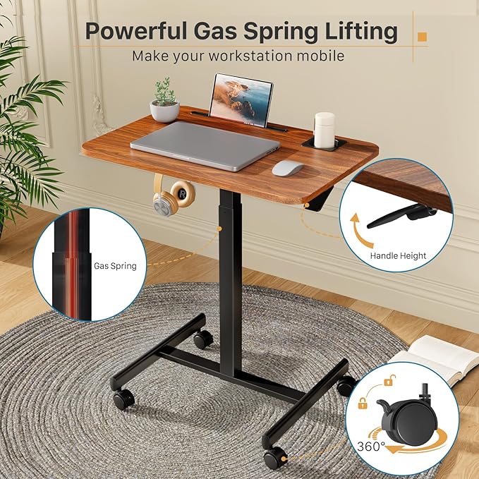 28 inch Small Mobile Standing Desk Height Adjustable with Wheels | Rolling Laptop Rising Cart with Cup Holder, Portable Computer Workstation with Hook and Slots on 4 Lockable Casters, Walnut - Image 5