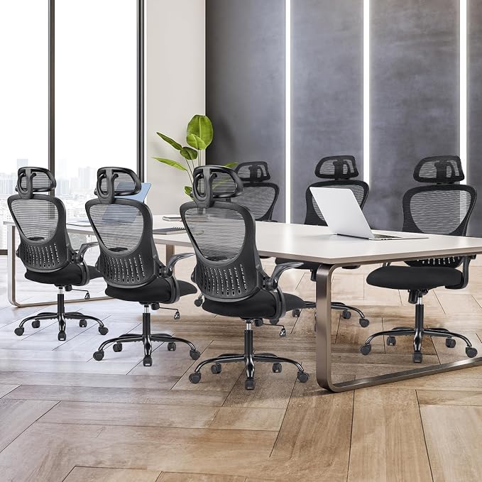 Sweetcrispy Computer Desk Chair, Mesh Office Chair with Lumbar Support | Ergonomic High-Back, Rolling Work, Adjustable Headrests, Flip-up Arms, Home Bedroom Study, Black - Image 7
