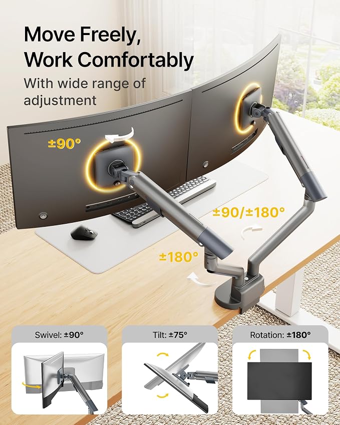monTEK Aluminum Dual Monitor Arm for 17-35" Screens, 24.3 lbs Each, Gray | Mechanical spring, tension indicator, full motion, VESA 75/100 compatibility, clamp/grommet bases and cable routing - Image 4