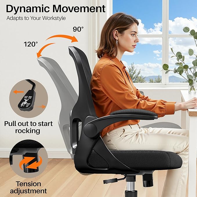Office Chair Ergonomic Desk Chair, Adjustable Lumbar Support Rolling Swivel Comfy Chair with Space-Saving Flip Up Armrests,Mesh Gaming Chair for Business Work Office & Home, Black 8pcs - Image 5