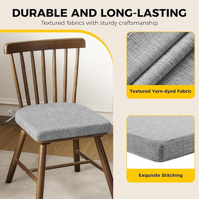 downluxe Indoor Chair Cushions for Dining Chairs, Soft and Comfortable Textured Foam Kitchen Chair Pads with Ties and Non-Slip Backing, 16" x 16" x 2", Light Grey, 4 Pack - Image 6