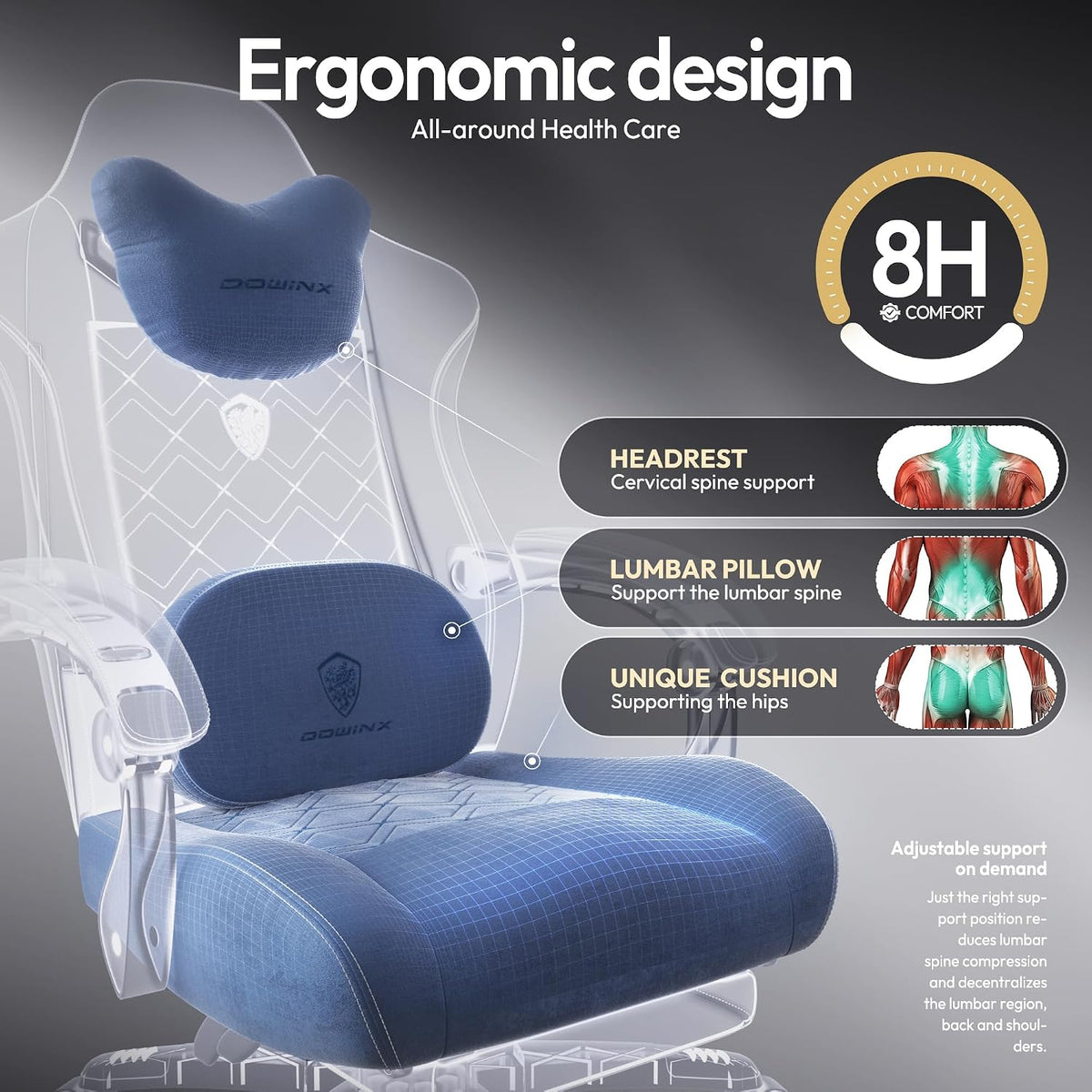 Dowinx Gaming Chair with Heated Massage Lumbar Support,Big and Tall Fabric Gaming Chairs for Adults with Footrest, Ergonomic Computer Game Chair with Poket Spring Cushions, 350lbs, Blue - Image 6
