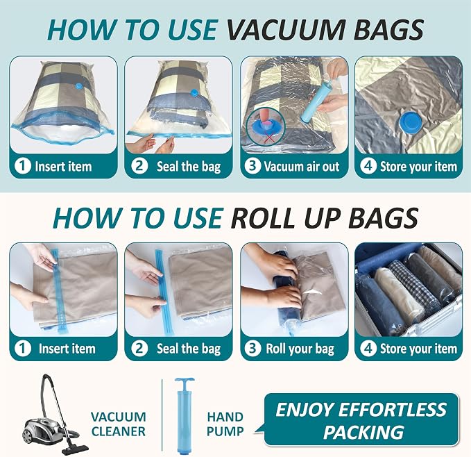 Vacuum Storage Bags with Hand Pump, Vacuum Seal Space Saver Bags,30 Combo | 80% Space-Saving Bags for Clothing, Blankets, Pillows, Bedding & Comforters; Multi-Size Variety Pack for Home & Travel - Image 7