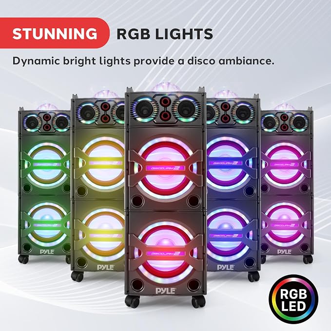 Portable Bluetooth PA Speaker System - 2000W Active Powered Outdoor Bluetooth Speaker Portable PA System w/Microphone in, Party Lights, USB SD Card Reader, AUX/RCA/FM Radio, Wheels - Pyle PSUFM1043BT - Image 3