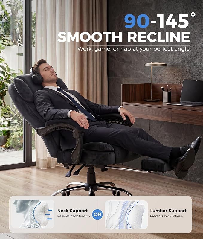 GTPLAYER Big and Tall Office Chair with Pocket Spring Cushion & Ergonomic Lumbar Support for Lower Back Pain Relief, High Back Computer Gaming Chair with Foot Rest, Soft Velvet Fabric, Black - Image 6