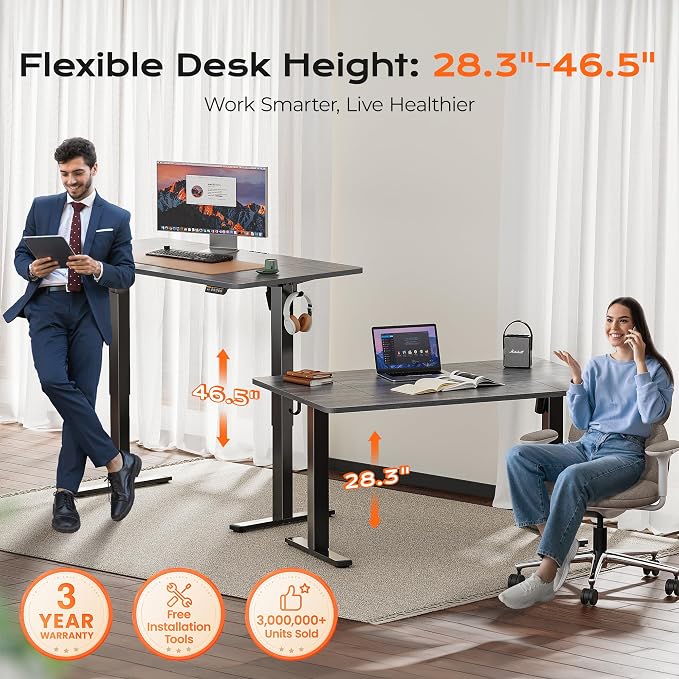 Huuger 55 x 28 Large Electric Standing Desk, Height Adjustable Desk, 27.6" Deep Desktop, Stand up Gaming Computer Office Desk with 2 Hooks, 3 Preset Heights, for Home Office, Grey - Image 3