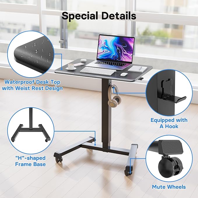 BONTEC Mobile Standing Desk Adjustable Height,Rolling Laptop Cart with Hook | Portable Workstation with Pneumatic Lift, Ergonomic Table with Wheels, Compact Home Office Desk, Black 25.6" x 17.7" - Image 7