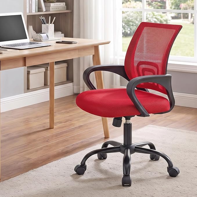 DUMOS Ergonomic Office Chair, Mid-Back Executive Desk Chair 2 Pack | Comfortable Lumbar Support, Breathable Backrest, Fixed Armrest, Height Adjustable, 360° Swivel, Computer Gaming, Red - Image 8