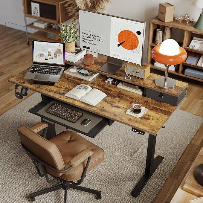 Agilestic 48 Inch Standing Desk with Drawers & Keyboard Tray, Rustic Brown | Electric Height Adjustable, 2 Storage Drawer, Monitor Stand, Sturdy Steel Frame, Memory Presets, Hooks, 154 lbs, Splice Board - Image 6