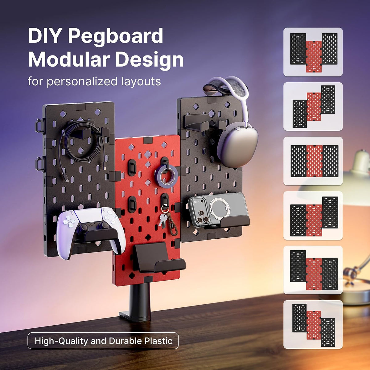 PEGZONE Modular Headphone and Controller Holder for Game, Clamp-on Pegboard, Rotatable Controller Stand with Cable Hooks, Gaming Accessory for Xbox PS5 PS4 Nintendo Switch, 3Pcs Pegboard, Red - Image 2