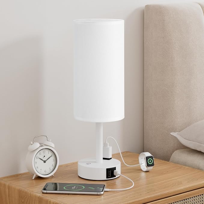White Touch Bedside Lamp for Bedroom, Stepless Dimmable, USB A+C, AC Outlet | Base Touch Button Only, Memory Brightness, Ultra-dim Night Light, Included Bulb for Optimal Dimming, White Lamp Base, Nursery - Image 2