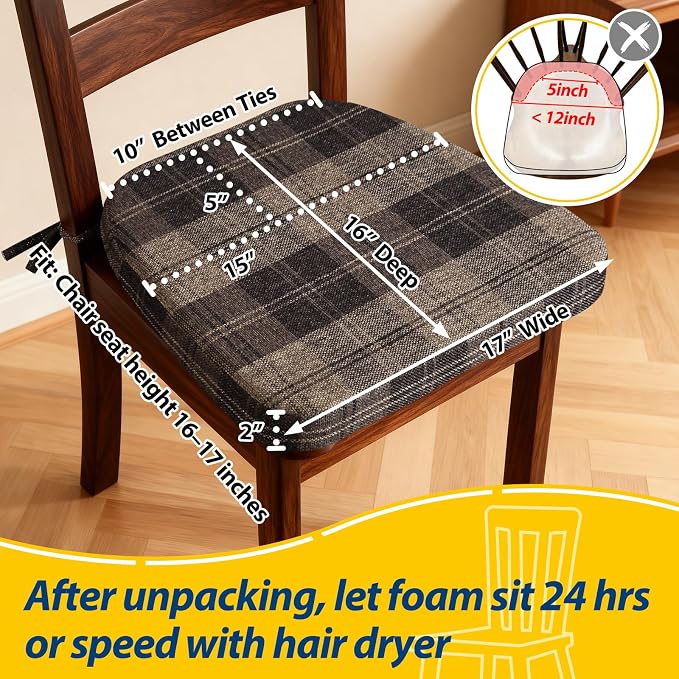 AAAAAcessories D-Shaped Chair Cushions, 2" Thick Dining Chair Pads with Ties and Removable, Machine-Washable Cover, 17" x 16", Set of 8, Brown Checkered - Image 2