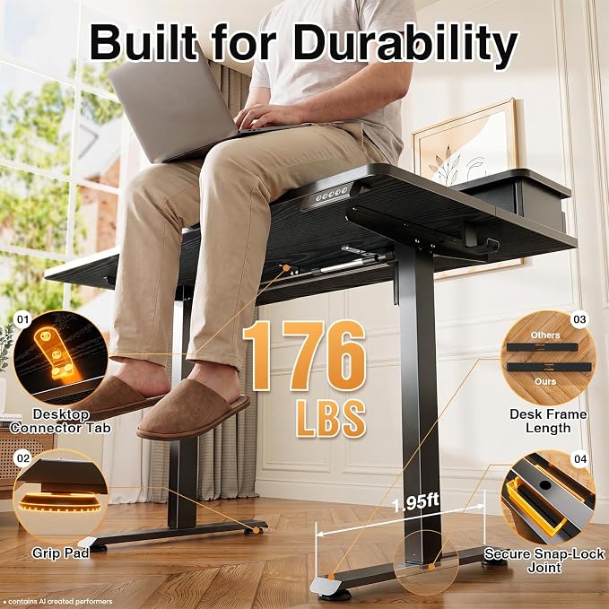 Veken 47x28 in Electric Standing Desk with Drawers, Adjustable Table, Black | Stand up Computer Desk for Home Office, Work & Study, with Storage, 3 Memory Presets, Cable Organizer, Hook, and Quiet Lift. - Image 6