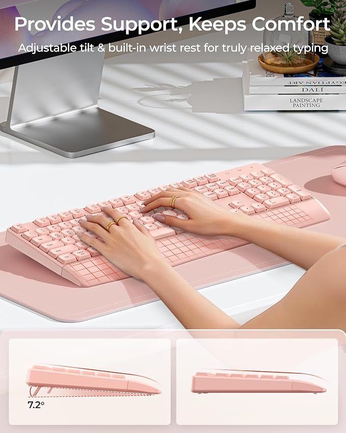 seenda Wireless Bluetooth Ergonomic Keyboard Mouse Combo, Full Size, Pink | USB/Bluetooth multi-device switching, with wrist rest, number pad, and quiet operation for PC, laptop, Mac, MacBook, and iPad - Image 3