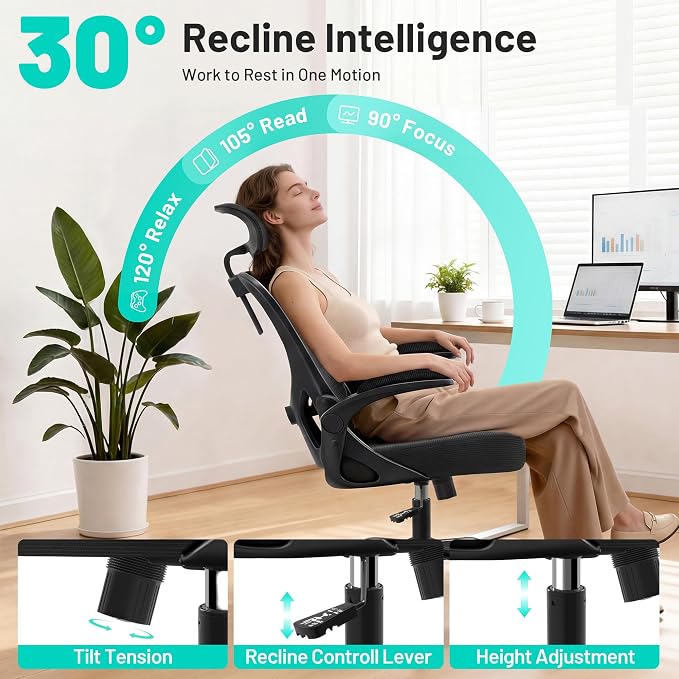 Office Chair - Ergonomic Desk Chair Breathable Mesh Chair with 2D Headrest & Adjustable Lumbar Support - Executive High Back Rolling Swivel Computer Gaming Chair with Wheels Flip-up Armrests - Image 5