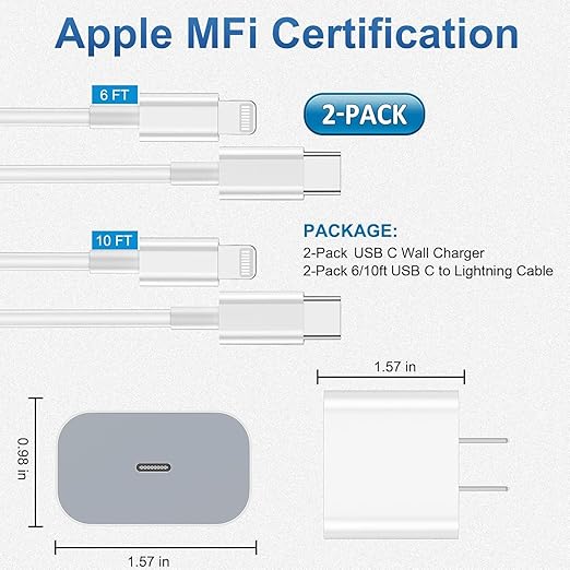 iPhone Charger Fast Charging, USB C Charger Block, 6FT/10FT Lightning Cable | For Apple iPhone 14/13/12/11 Series, 2-Pack 6FT/10FT Long USB C to Lightning Cables, AirPods with Lightning Charging Case - Image 6