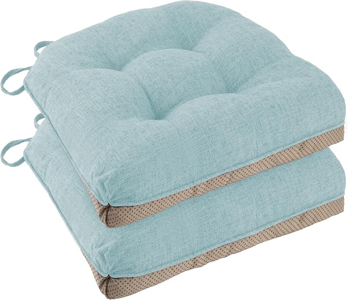 Chair Cushions for Dining Chairs Set of 2, 18"x18"x3", Aqua Blue | Non-Slip with Ties, Tufted, Faux Linen, Seat Cushions for Dining Room Kitchen Breakfast Nook Indoor Home Office Living Room by FlyGulls