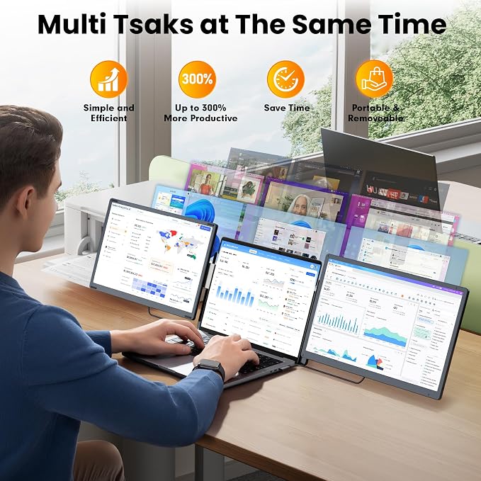 Upgraded Detachable 15.6" Laptop Screen Extender,FHD 1080P IPS Triple Portable Monitor for Laptop, Multiple Screens Design Monitor Extender for 13"-17.3" Laptops (Mac, Wins, Android, Dex) - Image 3