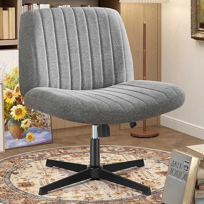 OLIXIS Criss Cross Chairs, Vanity Chair, Home Office Desk | Armless Wide Seat, Height Adjustable, Comfy Fabric, Bedroom, Study, Computer Task, Grey No Wheel by OLIXIS