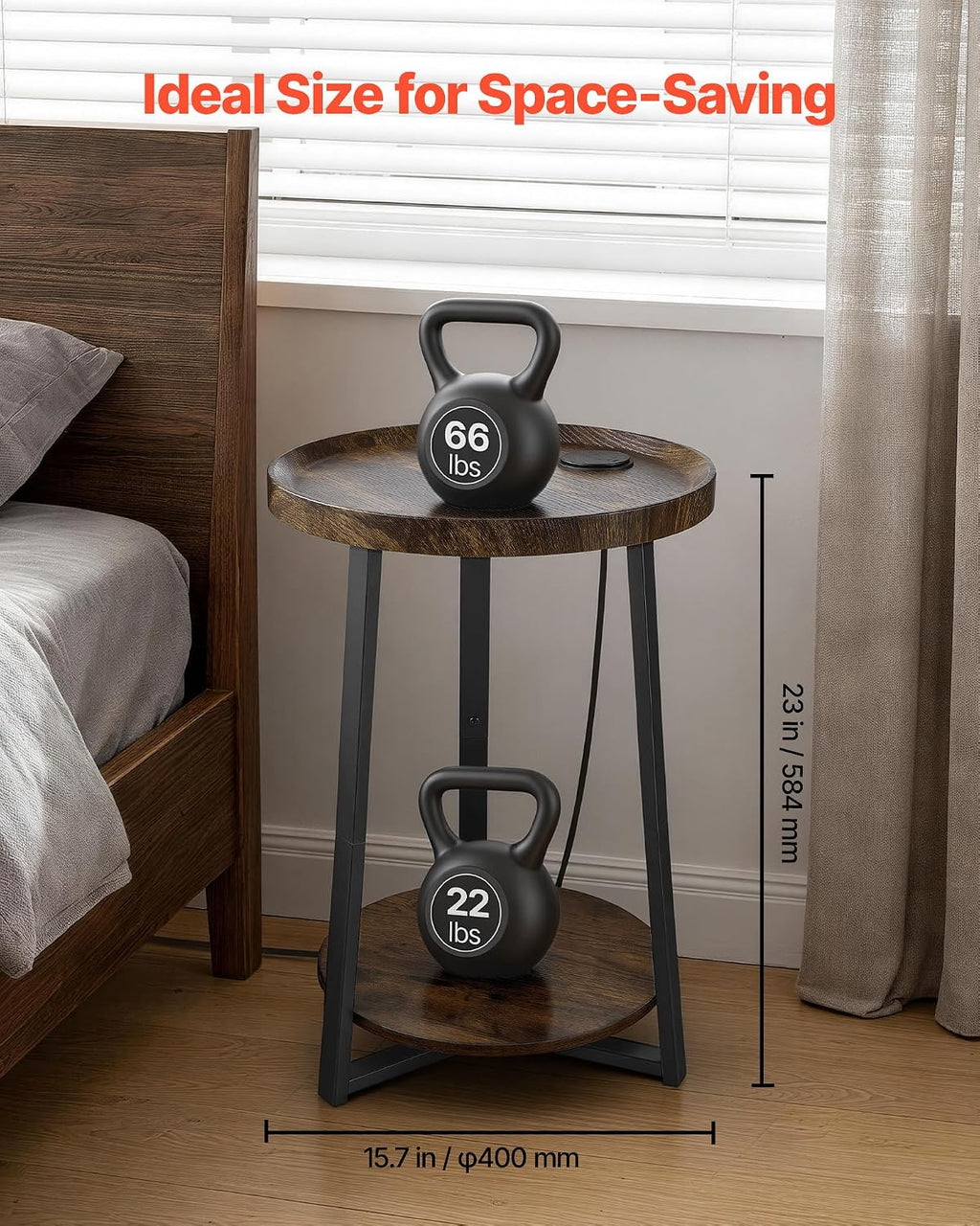 VEVOR Round Side Table with Charging Station, 15.7" Metal Round End Table with Storage Shelves, 4.9ft Power Cord, Modern Nightstand for Bedroom, Living Room, Office – Brown - Image 3