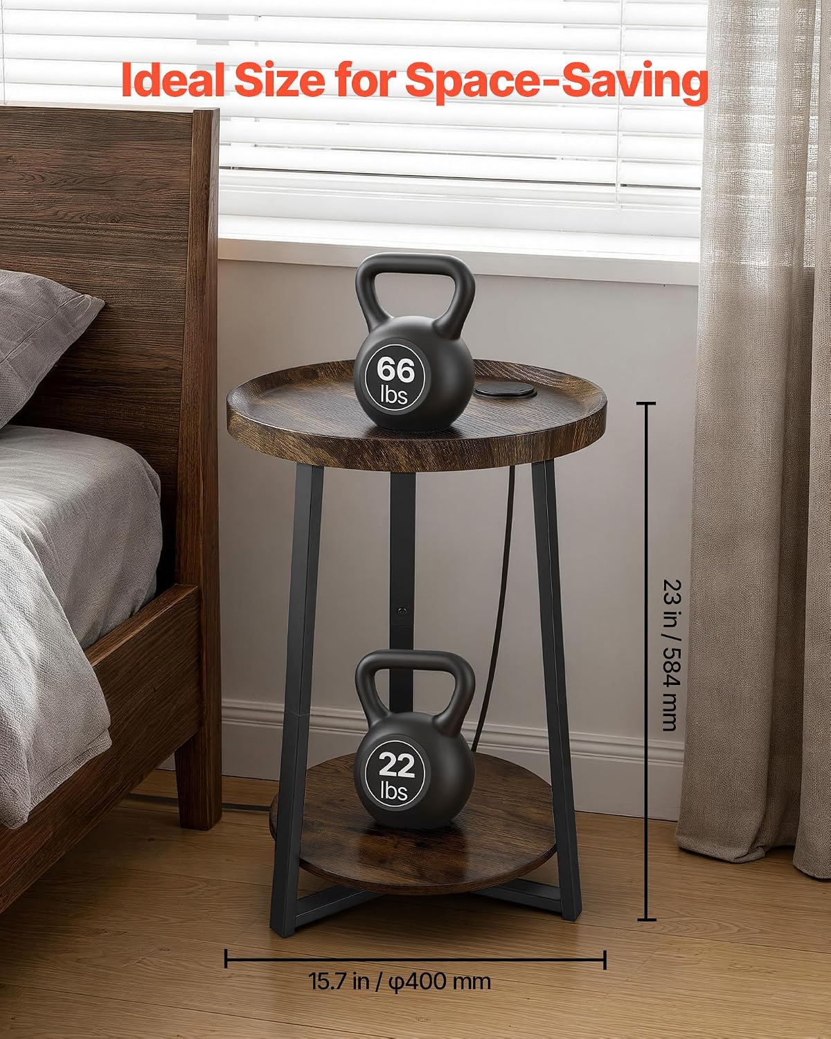 VEVOR Round Side Table with Charging Station, 15.7" Metal Round End Table with Storage Shelves, 4.9ft Power Cord, Modern Nightstand for Bedroom, Living Room, Office – Brown - Image 3