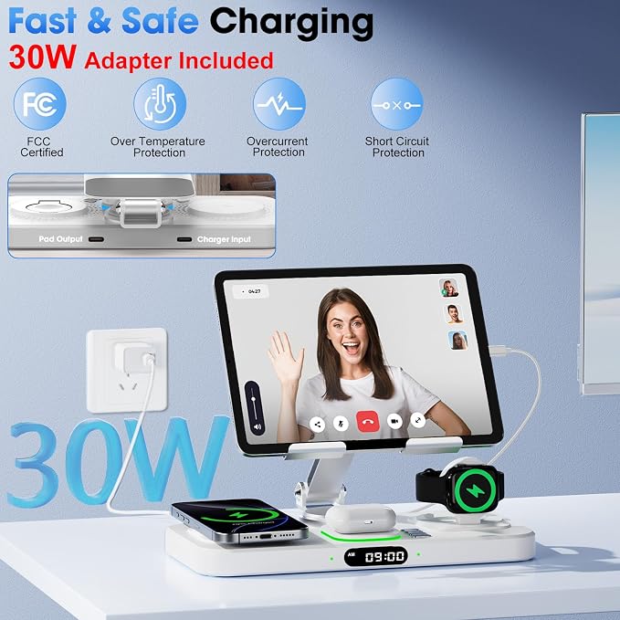 6 in 1 Wireless Charger for Apple Multiple Devices, Charging Station with Clock &7 Color Ambient Light, Foldable Rotate Stand for iPad, for iPhone17/16/15, Support for Apple Watch11/10 For AirPods4 - Image 7