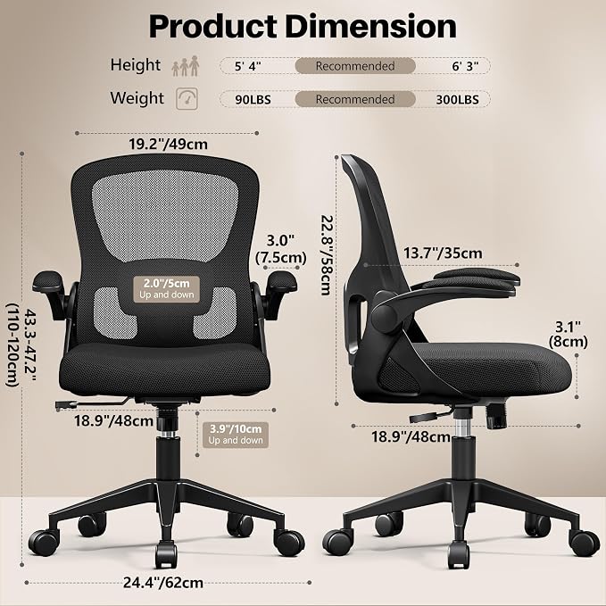 Office Chair Ergonomic Desk Chair, Adjustable Lumbar Support Rolling Swivel Comfy Chair with Space-Saving Flip Up Armrests,Mesh Gaming Chair for Business Work Office & Home, Black 8pcs - Image 3