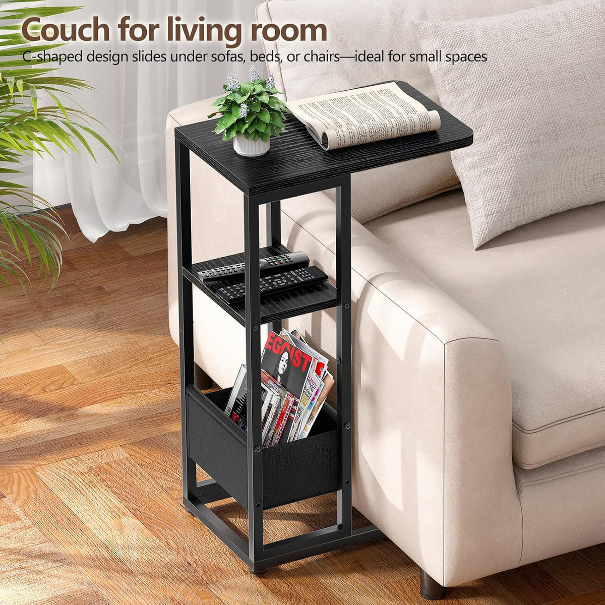 C Shaped End Table, Small Side Table for Couch, Recliner, Slide Under Sofa Tray Desk Snack Tables with Storage Bag for Living Room,Bedroom, Small Spaces - Black - Image 4
